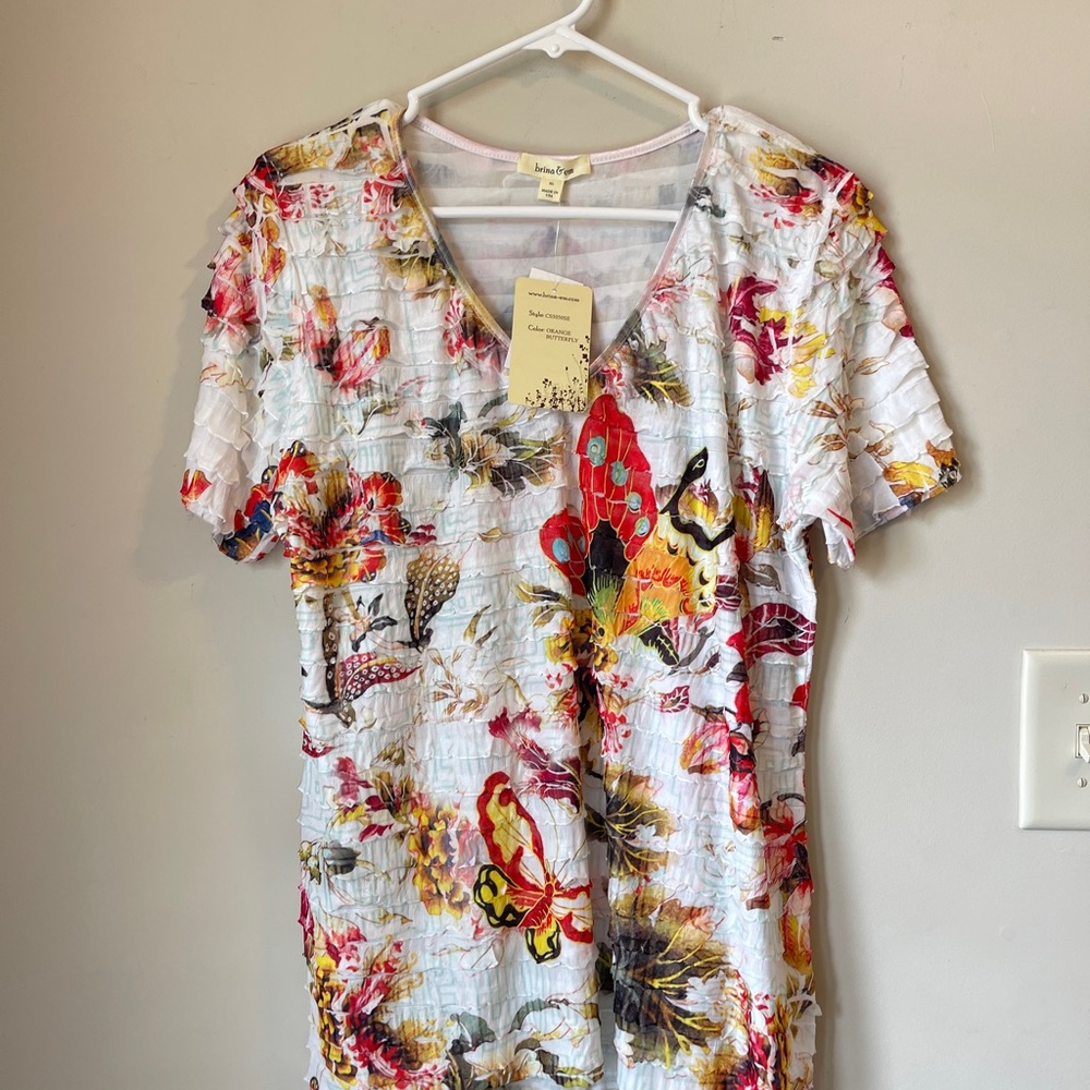 Notations Ruffle Floral Print Cap Sleeve Top Blouse Boho Size XL